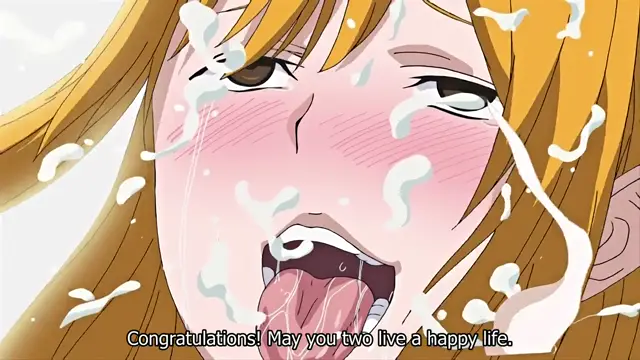 A blonde anime girl with a blushing face and wide eyes gazes forward with her mouth open and tongue out, covered in white fluid with the subtitle "Congratulations! May you two live a happy life.". Screenshot from Ima Kara Atashi - Episode 2
