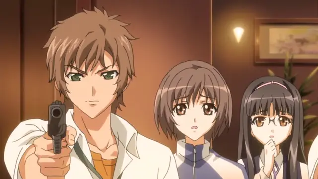 A brown-haired man in a white jacket points a handgun at the viewer while two girls with short and long dark hair stand behind him in a shocked and nervous state. Screenshot from Kansen 3 Shuto Houkai - Episode 1