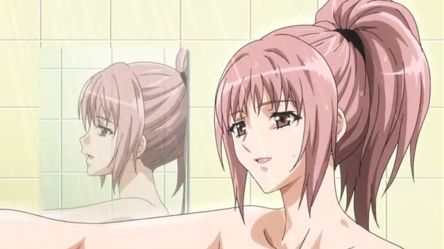 A light-skinned anime girl with pink hair tied in a ponytail stands in a bathroom, looking into a mirror with a slight smile and sweat on her face. Screenshot from Kansen 3 Shuto Houkai - Episode 1