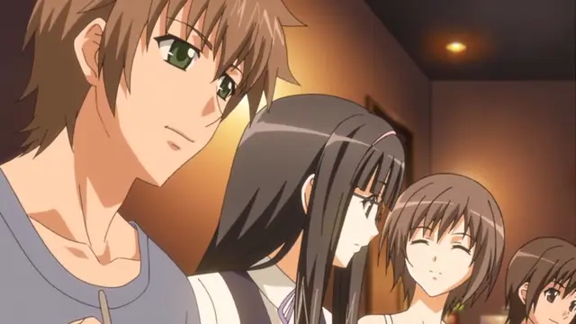A man with brown hair and green eyes stands next to three women with long dark hair who are looking down with sleepy or dazed expressions. Screenshot from Kansen 3 Shuto Houkai - Episode 1