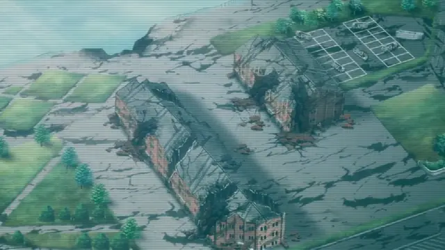 An aerial view shows a devastated town with several buildings heavily damaged by an earthquake, with large fissures cracking the grey ground and nearby green fields. Screenshot from Kansen 3 Shuto Houkai - Episode 1