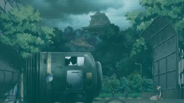 A teal-tinted wide shot of a rural landscape features a black vintage bus parked in the foreground and a character kneeling near a large gate with a traditional Japanese-style building in the background under a cloudy sky. Screenshot from Kansen 3 Shuto Houkai - Episode 1
