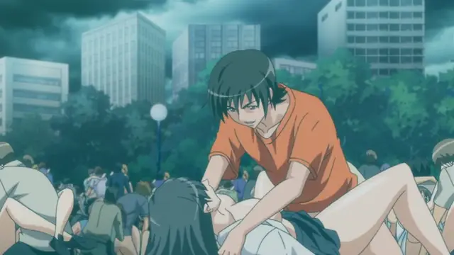 A man in an orange t-shirt stands over a woman lying on the ground in a crowded park, while others nearby engage in sexual acts. Screenshot from Kansen 3 Shuto Houkai - Episode 1
