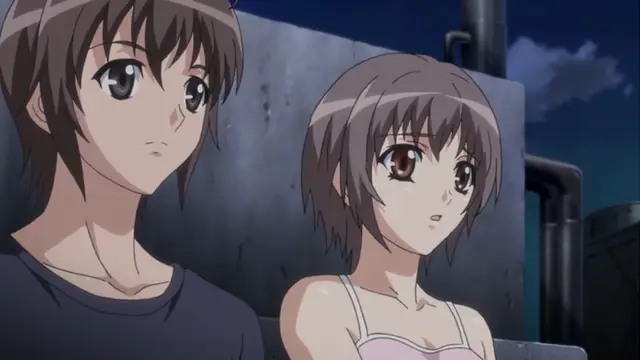 A brown-haired anime girl in a pink camisole sits next to a brown-haired anime boy in a dark shirt against a metallic background under a night sky. Screenshot from Kansen 3 Shuto Houkai - Episode 1