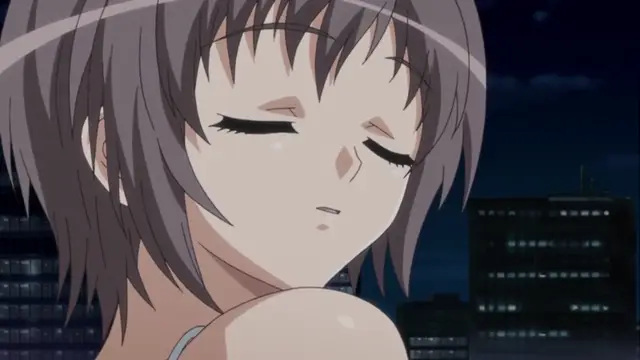 A close-up shot of an anime girl with grey hair and closed eyes, blushing while looking down at her own breast in an urban night setting. Screenshot from Kansen 3 Shuto Houkai - Episode 1