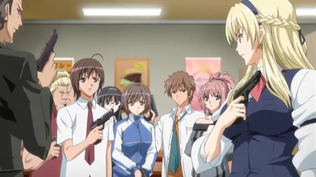 A group of high school students and a man in a suit stand in a room holding guns, facing a blonde woman who also holds a handgun. Screenshot from Kansen 3 Shuto Houkai - Episode 1