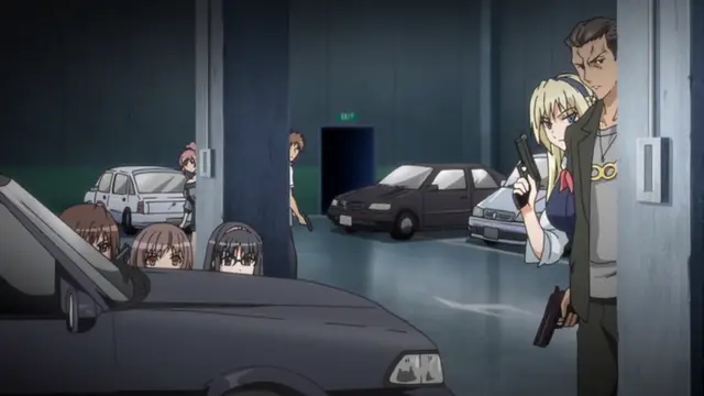 A man and a woman with guns peek out from behind a door into a parking garage filled with cars and several other people, including three girls in a car and a man standing by a pillar. Screenshot from Kansen 3 Shuto Houkai - Episode 1