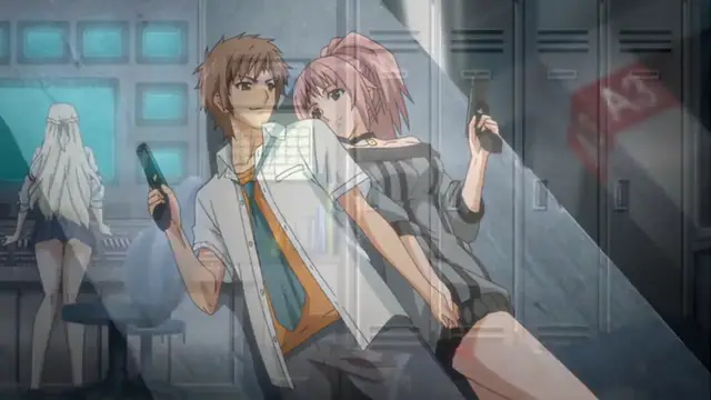 A boy with brown hair and a girl with pink hair and a school uniform stand close together in a locker room, with the girl holding a handheld game controller and a girl with long white hair standing in the background. Screenshot from Kansen 3 Shuto Houkai - Episode 1