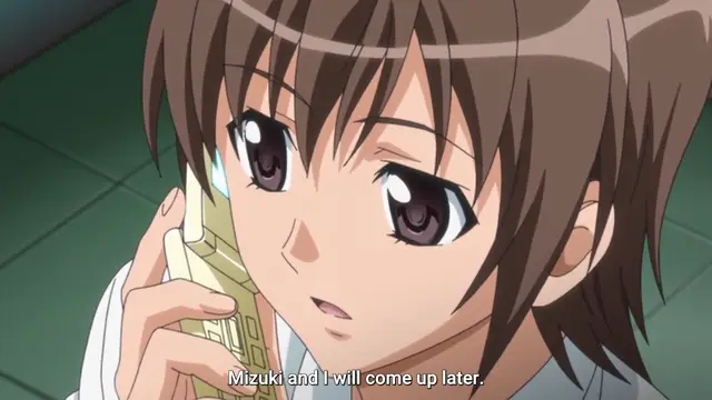An anime girl with brown hair and twin tails holds a gold flip phone to her ear with a concerned expression, with subtitles at the bottom reading "Mizuki and I will come up later.". Screenshot from Kansen 3 Shuto Houkai - Episode 1