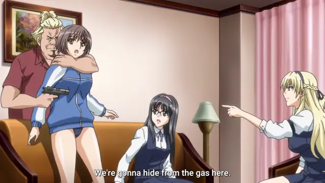 A large muscular man in a red shirt holds a gun to the neck of a woman in a blue dress while another woman sits on a sofa, and a blonde woman points her finger towards them with the subtitle "We're gonna hide from the gas here.". Screenshot from Kansen 3 Shuto Houkai - Episode 1