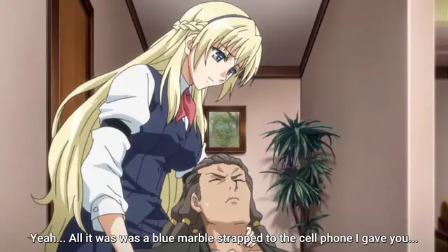 A blonde anime woman in a navy blue dress leans over a man who is sitting on the floor with an embarrassed expression, with the subtitle "Yeah... All it was was a blue marble strapped to the cell phone I gave you..." appearing at the bottom. Screenshot from Kansen 3 Shuto Houkai - Episode 1