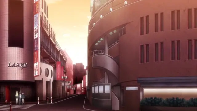 A street scene at sunset features a street leading between urban buildings, with two small figures standing on a sidewalk in front of a building with a "LASER" sign. Screenshot from Kansen 3 Shuto Houkai - Episode 2