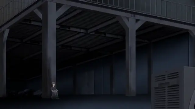 A small, distressed-looking girl sits alone on the ground in a dimly lit, industrial-style parking garage. Screenshot from Kansen 3 Shuto Houkai - Episode 2