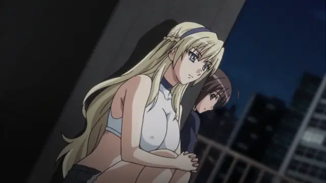 A blonde woman in a white tank top and blue underwear stands against a balcony railing at night, looking concerned as a brown-haired man stands closely behind her. Screenshot from Kansen 3 Shuto Houkai - Episode 2