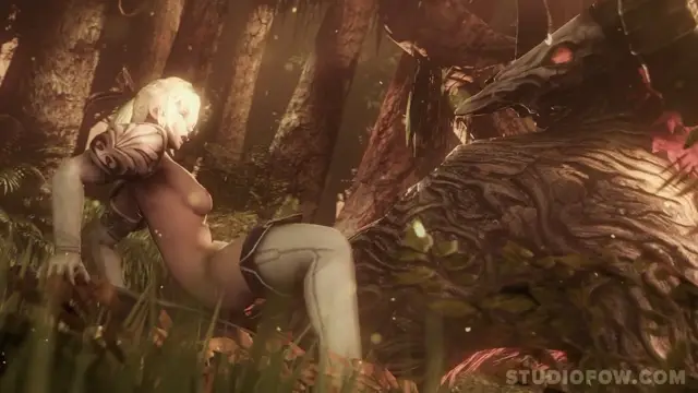 A blonde woman in a short skirt is being cornered by a large, tree-like monster in a dense forest as she cringes back in fear. Screenshot from The Forest Of Pleasure