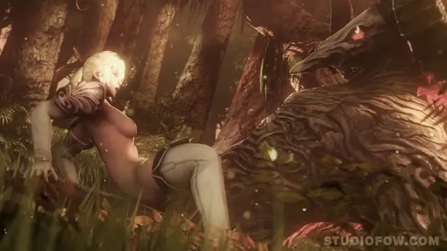 A blonde woman in lingerie is on all fours on a forest floor, being fucked by a large, wooden creature with a mask-like face. Screenshot from The Forest Of Pleasure