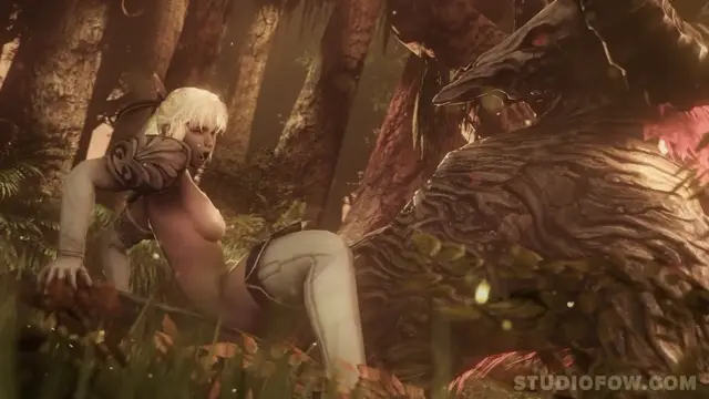 A blonde woman in revealing armor is depicted on all fours in a forest setting as she is being penetrated from behind by a large, reptilian monster. Screenshot from The Forest Of Pleasure