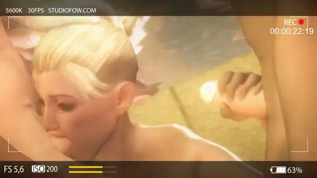 A blonde woman with an expression of pleasure is being pleasured by a man from behind while another person stands in the background. Screenshot from Mommy Issues