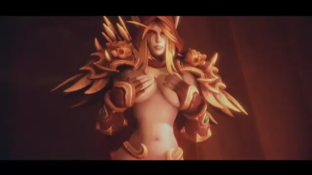 A beautiful woman in ornate golden dragon armor covers her breasts with her hands while standing in a dimly lit room. Screenshot from Coronation