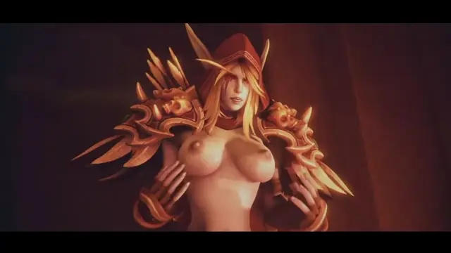 A blonde elf in heavy gold armor stands with her breasts exposed, looking forward with a smirk. Screenshot from Coronation