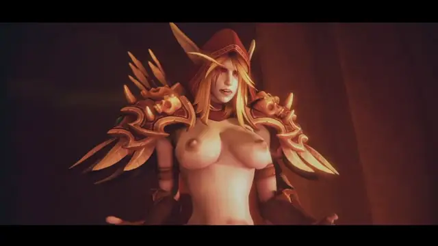 A blonde elf girl with large golden armor pieces on her shoulders stands with her breasts exposed, looking forward with a slight smile. Screenshot from Coronation