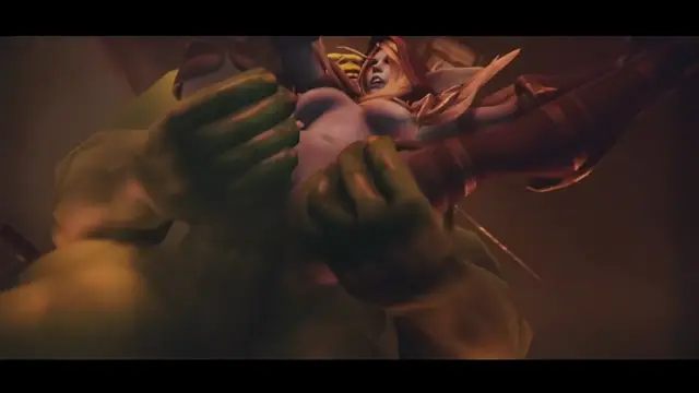 A large, muscular green ogre with large hands grips the breasts of a woman with long blonde hair and pointy ears, who is being held from behind in a fantasy setting. Screenshot from Coronation