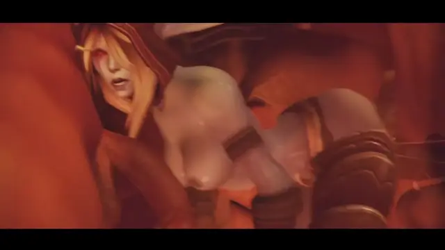 A blonde female character with a shocked expression is shown in a close-up, arched-back position with large breasts, wearing minimal brown and black armor while being engaged in sexual activity. Screenshot from Coronation