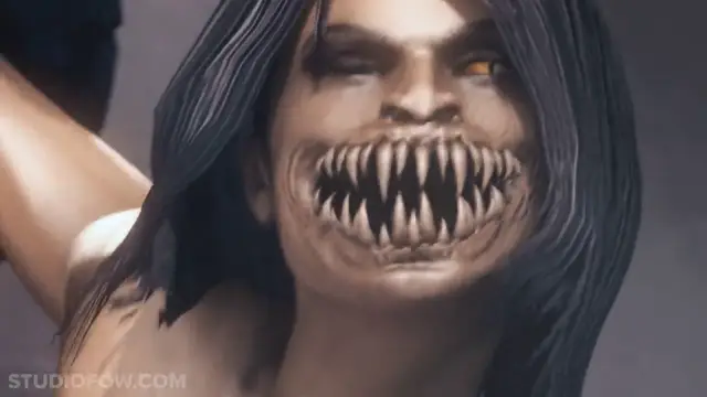 A monstrous male creature with long black hair, glowing yellow eyes, and a wide mouth filled with sharp black fangs looms over a woman in a dimly lit scene. Screenshot from Let's Play