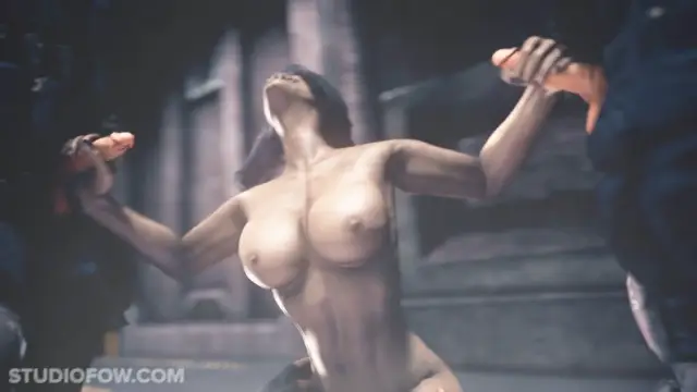 A nude woman with her head thrown back and arms held out by two men stands in a dimly lit, stone-walled room, looking as if she is being seduced or pleasured. Screenshot from Let's Play