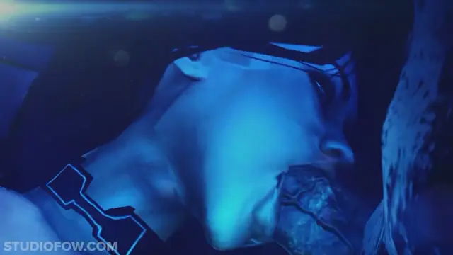 A close-up shot of a woman in a futuristic outfit wearing high-tech goggles as she bites down on a piece of food or fruit. Screenshot from Return To Omega