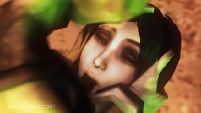 A close-up shot shows an anime girl with long dark hair and green clothing lying on the ground with her eyes closed and mouth slightly open. Screenshot from Madness Within