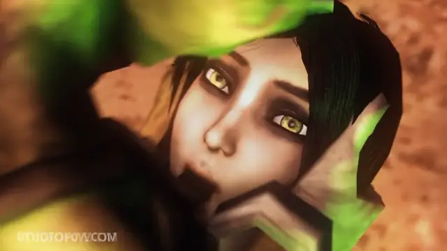 A close-up shot of a female elf with long black hair and glowing yellow eyes looking forward with a dazed expression while being held or surrounded by a figure in green glowing armor. Screenshot from Madness Within