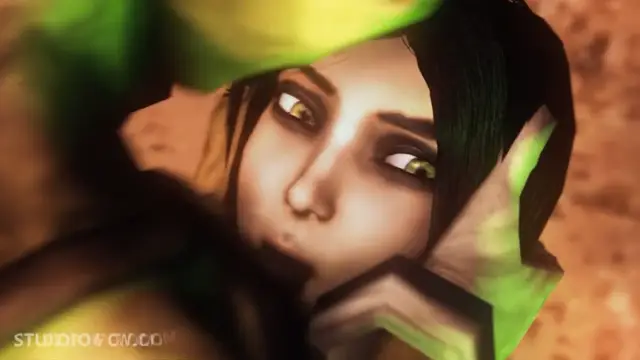 An anime woman with long dark hair and green eyes looks towards the camera with a seductive expression, partially covered by a green fabric. Screenshot from Madness Within