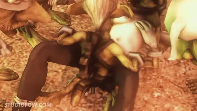 A blonde girl in black pants is being grabbed and penetrated from behind by multiple green goblin creatures in a forest setting. Screenshot from Madness Within