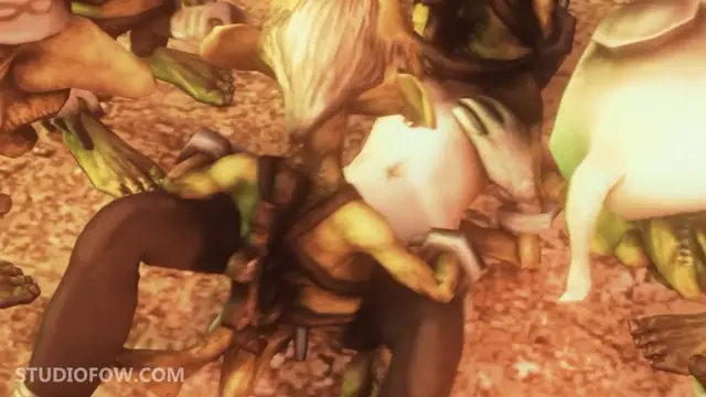 A blonde woman is being gangbanged by multiple large, muscular male creatures in a rocky environment. Screenshot from Madness Within
