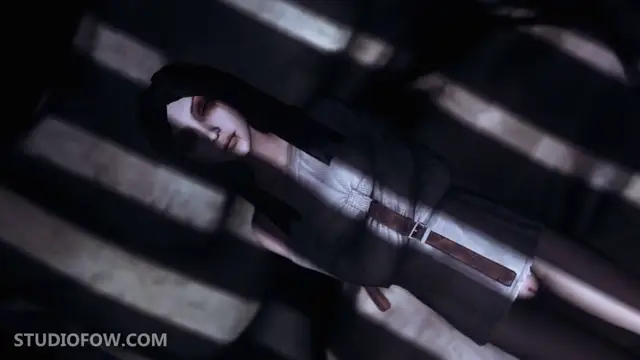 A woman in a hooded robe lies on a floor with sunlight filtering through slats, appearing to be in a state of distress or submission. Screenshot from Madness Within