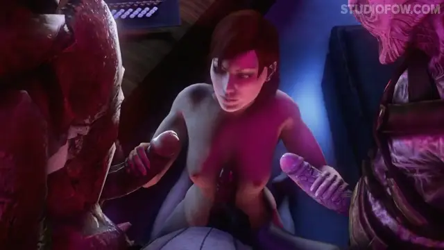 A nude woman with short reddish-brown hair is shown in a 3D anime scene being held by two large, muscular monsters while she is being fucked by their large penises. Screenshot from Bachelor Party Omega