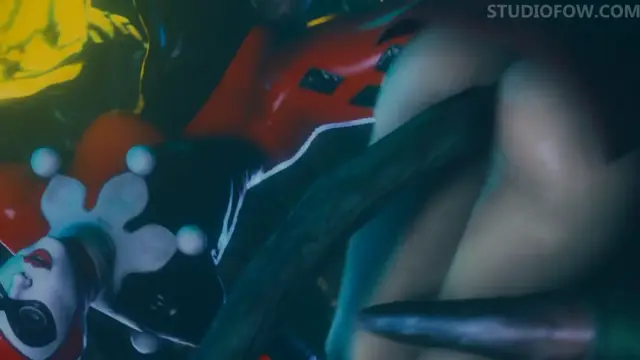A female character dressed in a red and black Harley Quinn costume is being penetrated by a large, dark phallus while she lies on her back. Screenshot from Tentacle Trouble