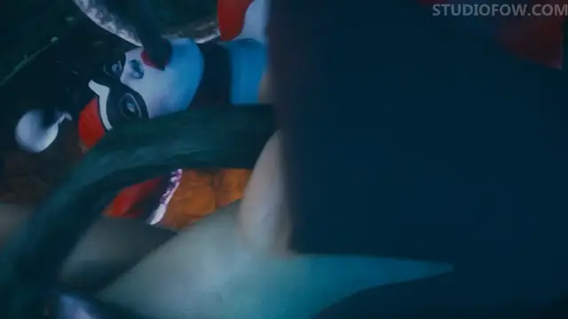 A close-up shot shows a woman in a red and white outfit with a mask being dominated by a man in a black suit. Screenshot from Tentacle Trouble