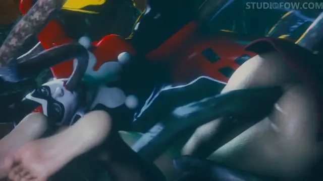 A woman in a red and black outfit is being penetrated by multiple men while lying on a surface, with her expression showing a mix of pleasure and intensity. Screenshot from Tentacle Trouble