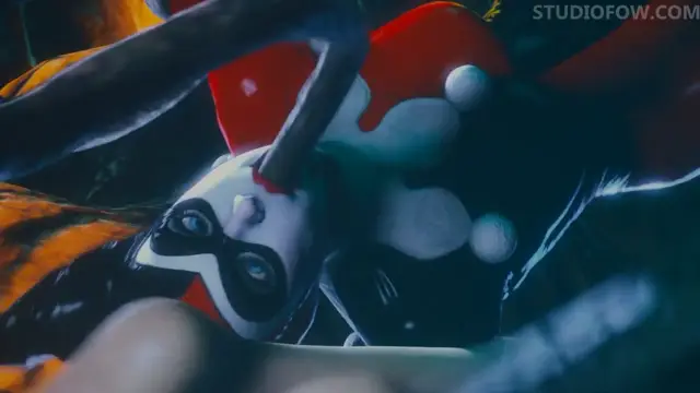 A woman in a black and red mask with white facial markings is lying down while being penetrated from behind by a man. Screenshot from Tentacle Trouble