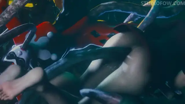 A young woman with a mask is being fucked by multiple male characters in a forest setting. Screenshot from Tentacle Trouble