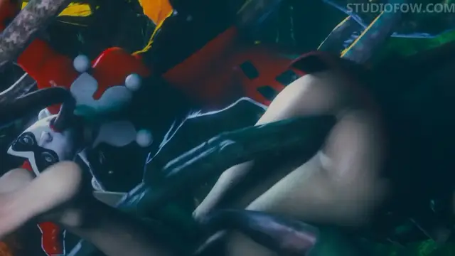 A woman in a red and white outfit is being fucked by a male character in a forest setting. Screenshot from Tentacle Trouble