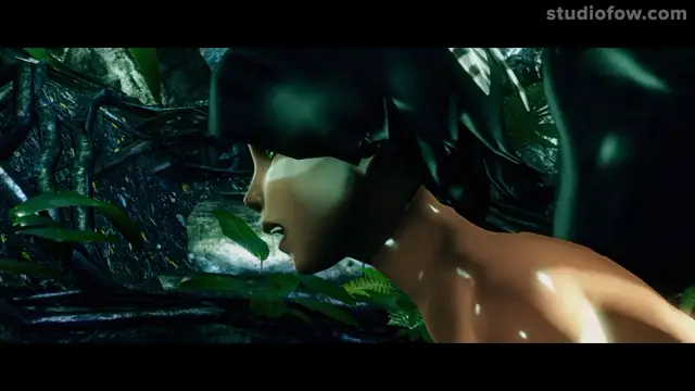 A side profile of a woman with long dark hair leans forward in a dark, lush jungle setting, her mouth slightly open as she gazes toward the left. Screenshot from The Circle Of Life