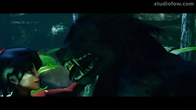 A female character with black hair and red clothing looks up in fear at a large, dark beast with sharp teeth in a jungle-like setting. Screenshot from The Circle Of Life