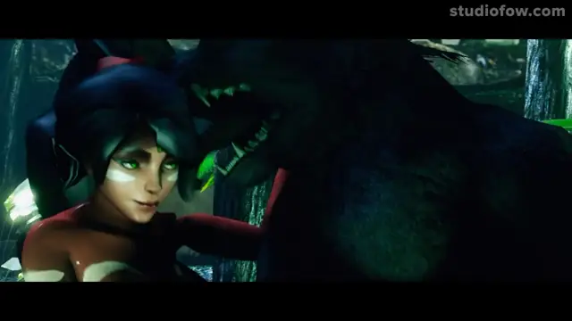 A girl with dark hair and elf-like markings is seen in a dark forest while a large, black beast-like creature with sharp teeth looms closely behind her. Screenshot from The Circle Of Life