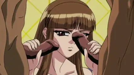 A brown-haired anime girl with a neutral expression holds two large, dark brown sausages near her face while standing between two large, brown tree trunks. Screenshot from Hana Dorei - Episode 1