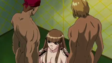 A muscular man with a red headband and another muscular blonde man flank a scantily clad woman with long brown hair in a room with yellow tiled walls. Screenshot from Hana Dorei - Episode 1