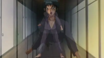 A surprised Japanese man in a kimono stands in a traditional hallway while a semi-transparent, purple-toned woman's ghost-like form overlaps and envelops his body. Screenshot from Hana Dorei - Episode 1