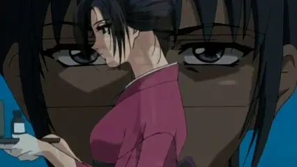 A woman in a pink kimono holds a small bottle while standing in front of a large, close-up face of a dark-haired woman. Screenshot from Hana Dorei - Episode 1